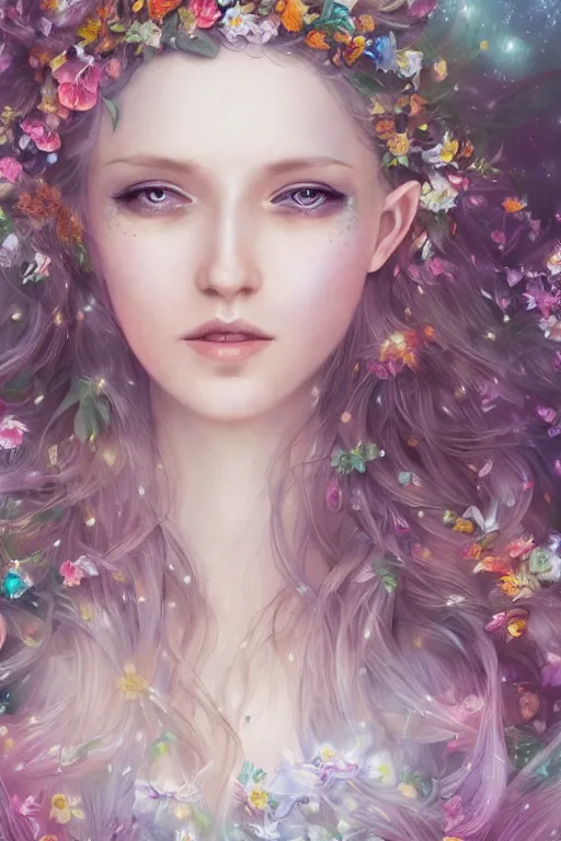 Prompt: a portrait of a beautiful elvish goddess with flowers in her hairs , hd, 4k, 8k, highly detailed, sharp, ethereal, astral environment in style of Anna Dittmann