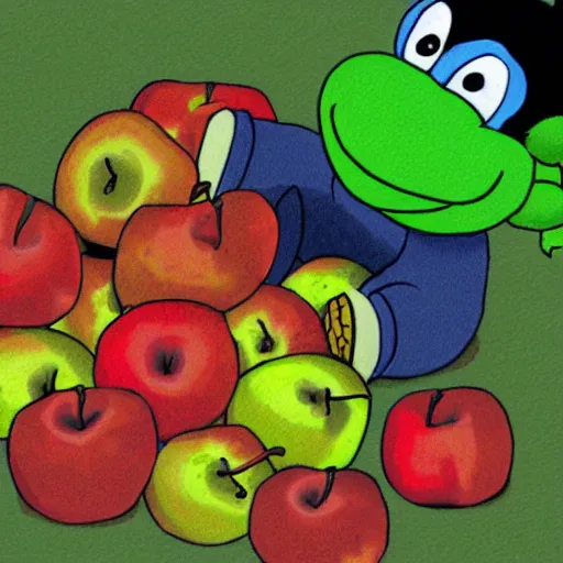 Image similar to yoshi eating a giant pile of apples