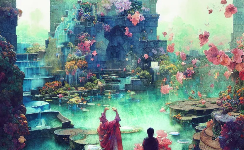 Image similar to magical fountain, fantasy. intricate, amazing composition, colorful watercolor, by ruan jia, by maxfield parrish, by marc simonetti, by hikari shimoda, by robert hubert, by zhang kechun, illustration, gloomy