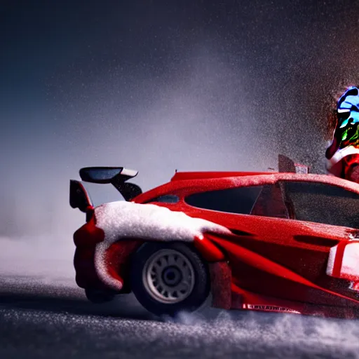 Image similar to Santa Clause driving a rally car he is going fast there is smoke coming from the tires there is snow on the track, octane render, realistic lighting, realistic shadows, highly reflective, photo realistic, hyper realistic