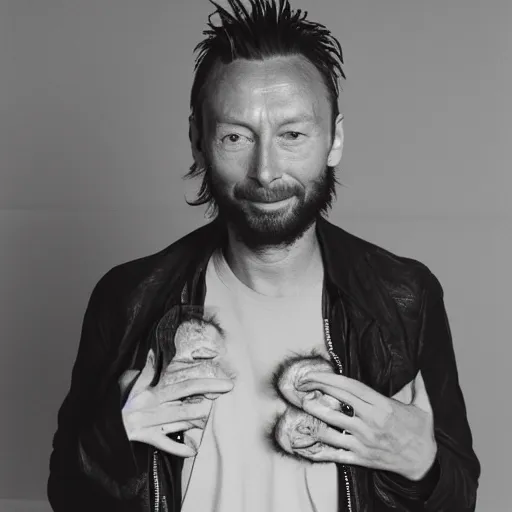 Image similar to Smiling Thom Yorke, with a beard and a black jacket, a portrait by John E. Berninger, dribble, neo-expressionism, uhd image, studio portrait, 1990s