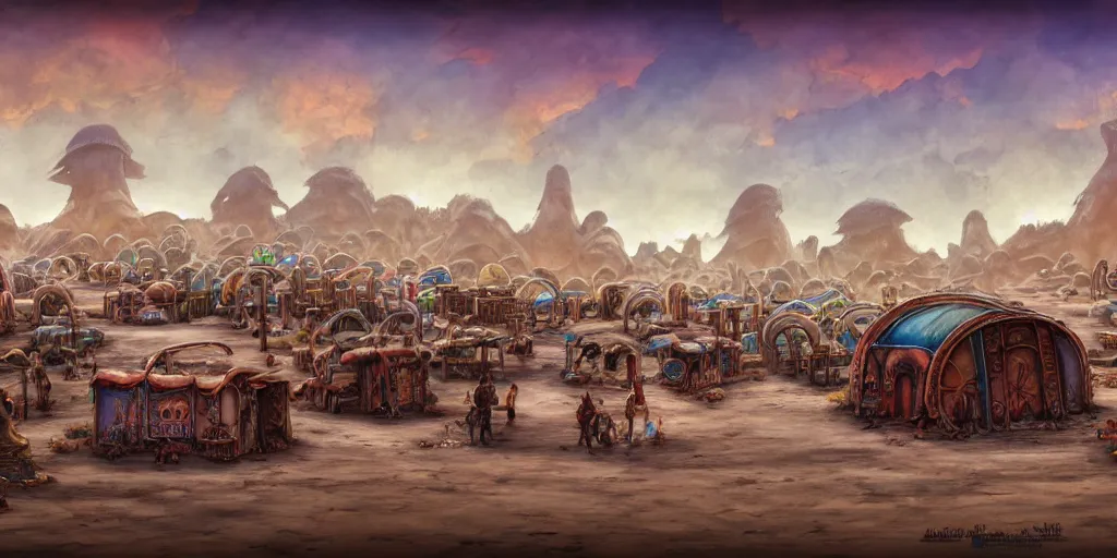 Image similar to colored merchant tents at a sprawling temple city of rusty chrome, white salt desert dunes, matte oil painting, mushroom farms, fungal polyps, retrofuturistic, science fantasy, mutant, lgbt, queer, rpg, epic, badlands, slime, dungeons & dragons, sacred, sharp focus, award - winning, extremely detailed, 4 k, 8 k