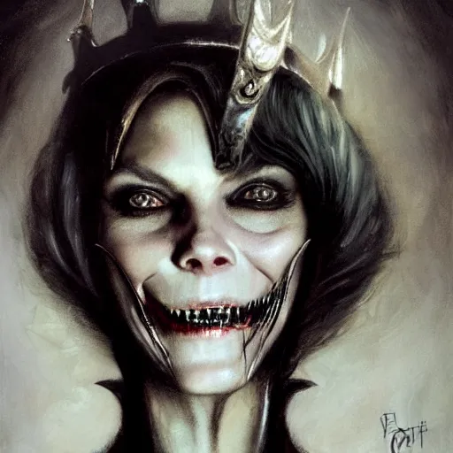 Image similar to portrait of Michelle Pfeiffer as evil vampire queen shoeing her sharp teeth wearing a dark crown by Tom Bagshaw and Guy Denning