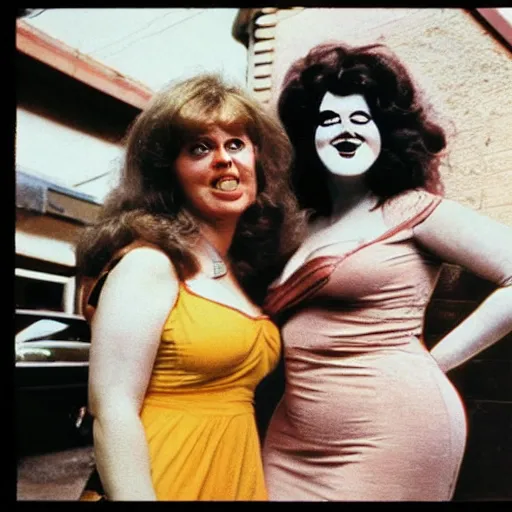 Prompt: 1976 color archival photo of a voluptuous woman in a dress, and her friend, who looks like Caspar the Friendly Ghost, in a sidewalk cafe, 16mm film soft color, earth tones and soft color 1976, live-action archival footage, in style of doris wishman russ meyer, woman looks like gilda radner