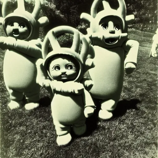 Image similar to creepy retro photograph of the teletubbies