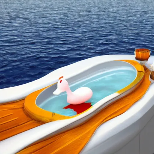 Prompt: bathtub duck as a cruise liner in the middle of the ocean.