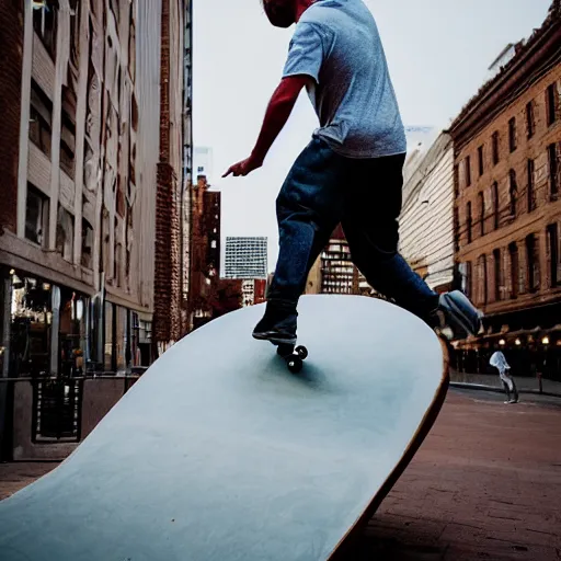 Image similar to man skateboarding on a giant nose, photography,