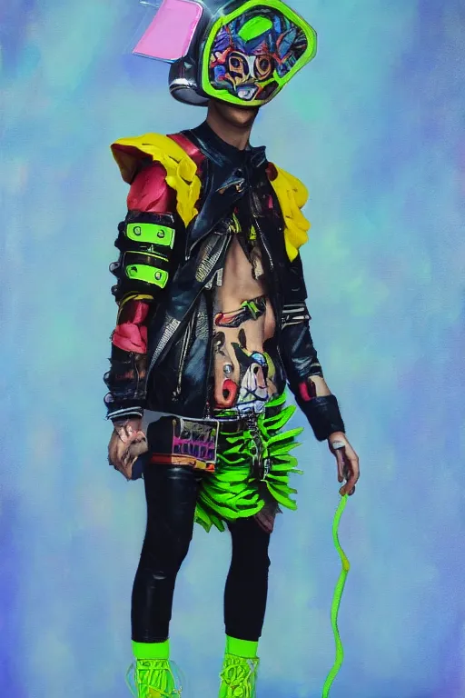 Image similar to a male character wearing a diy! costume dress, punk, with fluo colored details and a transparent helmet, full body, muted colors, vivienne westwood, nausicaa, hyper real acrylic painting