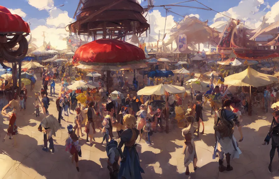 Image similar to greg manchess concept art of the millennial fair from chrono trigger, outdoor fairgrounds, striped pavillions, leene's bell, key visual, ambient lighting, highly detailed, digital painting, artstation, concept art, sharp focus, by makoto shinkai and akihiko yoshida and hidari and wlop and greg rutkowski