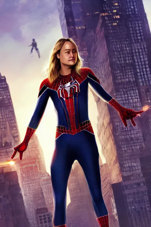 Image similar to Brie Larson wearing a spiderman outfit that hugs her figure, nyc backround, highly detailed, wide shot, intricate, fearful, mystical, sharp focus, Trending on Artstation HQ, deviantart, unreal engine 5, 4K UHD image