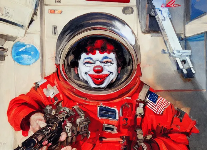 Image similar to a highly detailed beautiful portrait of a clown in full red tactical gear on a space station, by gregory manchess, james gurney, james jean