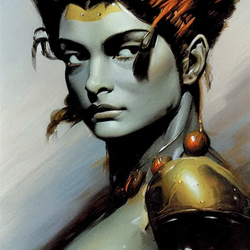 Prompt: a close up portrait of amazon, by frank frazetta, digital painting masterpiece, beautiful brush strokes, advanced lighting technology, symmetry