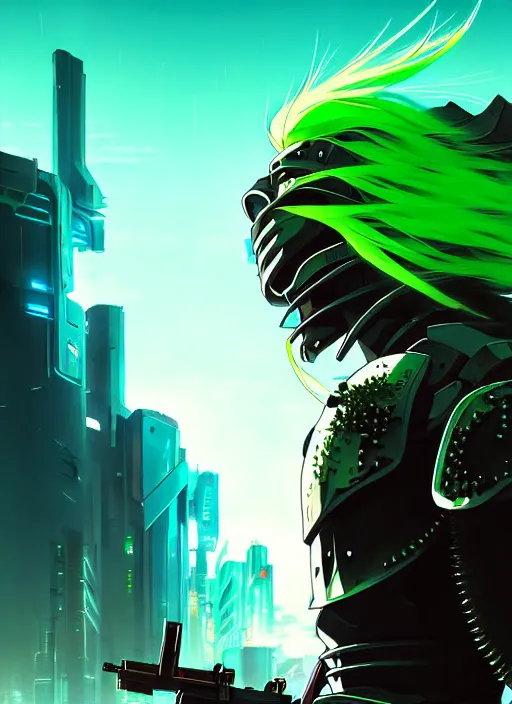 Image similar to a striking cinematic anime full body portrait of a male warrior with long blonde hair and blue eyes wearing evil green spiked cyberpunk armour and standing in the desolate burning ruins of a futuristic city by hirohiko araki and beeple, fine details, digital art, character concept art