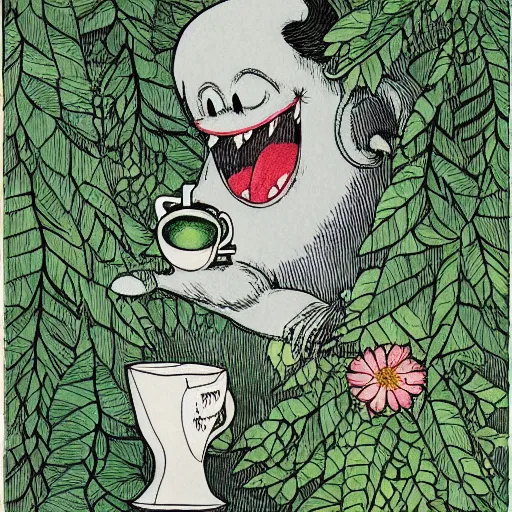 Image similar to highly detailed illustration of a monster smiling and dancing around a beautiful steaming cups of coffee, amongst coffee trees and flowers, in the style of Japanese illustration, Maurice Sendak, Tove Jansson