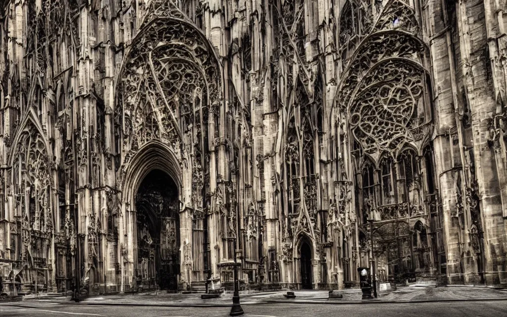 Image similar to street view of a cathedral made of flesh and bones, realistic, old color photograph, dynamic composition, creepy