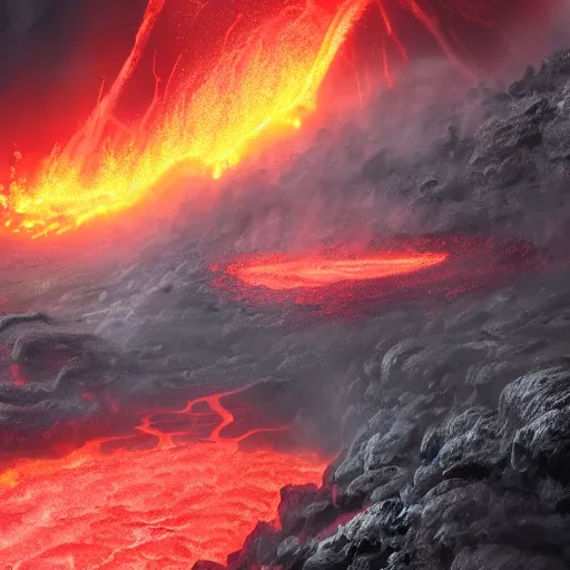 Image similar to cataclysm with a huge storm and rivers of lava, fantasy, concept art, artstation, hd 4 k