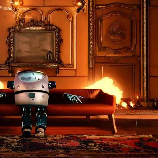 Image similar to Lonely and depressed complex robot monster sitting on a couch in front of a large fireplace in a Victorian home in the future. octane render, extremely detailed, 10000K color temperature cinematic lighting, 8k, lens flare, cinematic movie photograph, closeup portrait, trending on artstation, cgsociety, award-winning art, excellent composition, by Andree Wallins.