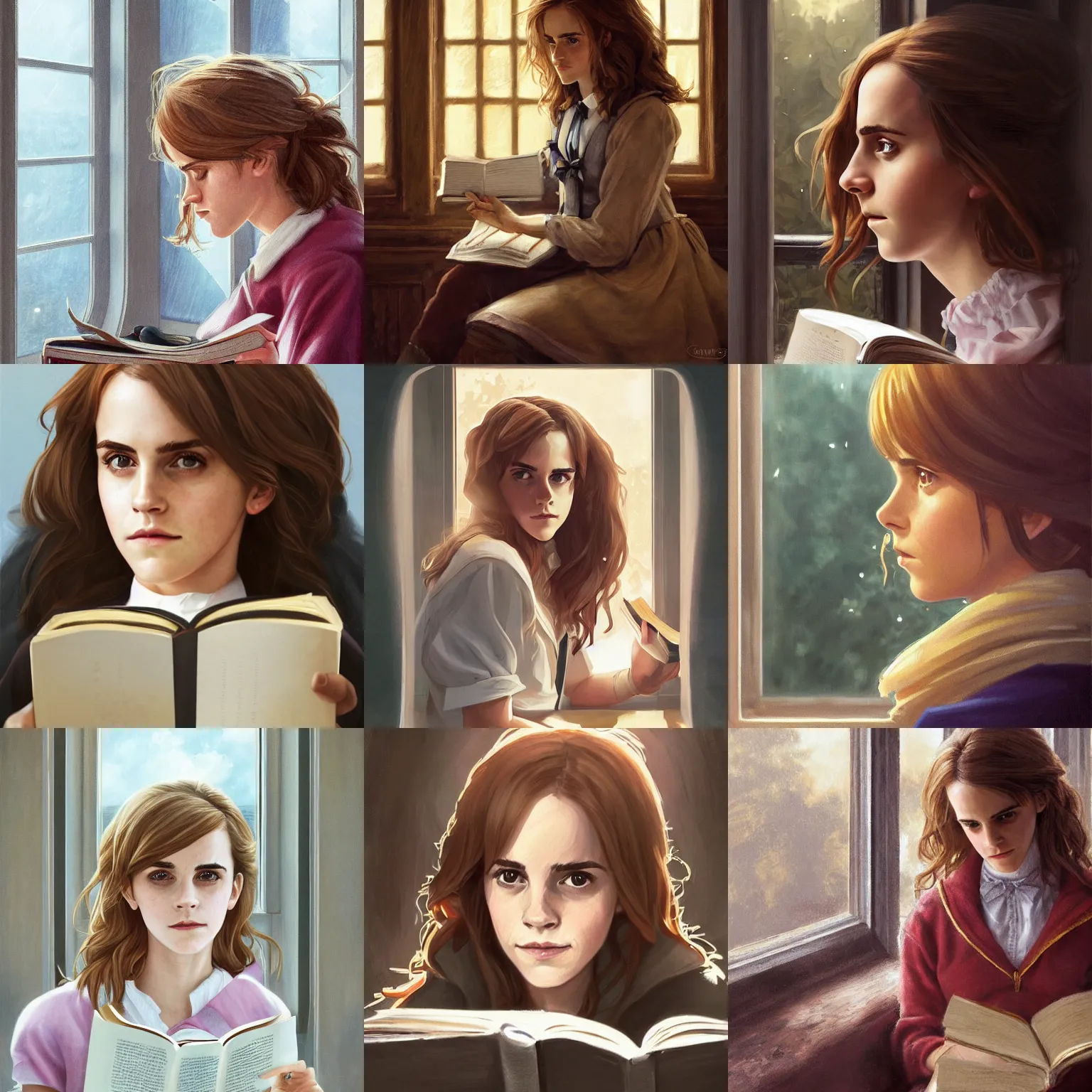 Prompt: portrait of Emma Watson as Hermione Granger sitting next to a window reading a book, focused expression, detailed eyes, face focus, golden hour, art by Kenne Gregoire and Krenz Cushart, trending on artstation