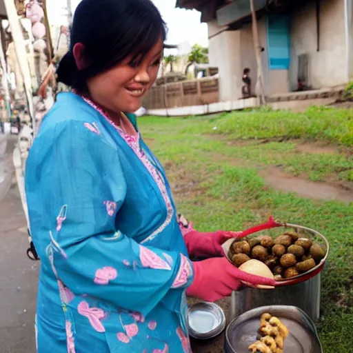 Image similar to Murasaki Shikibu standing on a Filipino sidewalk eating fishballs