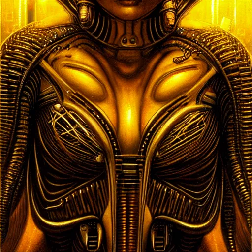 Image similar to cyberpunk cenobite, atmospheric lighting, painted, intricate, golden hour, ultra detailed by peter gric, giger, enki bilal