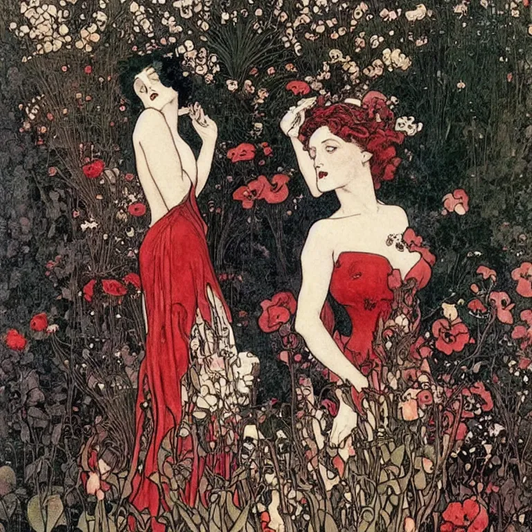 Prompt: Woman standing in a black dress, black and red lips and white hair, she is standing in a garden with flowers and birds Anton Pieck,Jean Delville, Amano,Yves Tanguy, Alphonse Mucha, Ernst Haeckel, Edward Robert Hughes,Stanisław Szukalski and Roger Dean