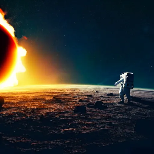 Image similar to astronaut stranded on planet, destroyed ship that is crash landing, exploding planet in background, fire, white smoke, impending fear, 4 k, dystopian, lonely, isolated space station in space, sci - fi, crash landing, asteroids.
