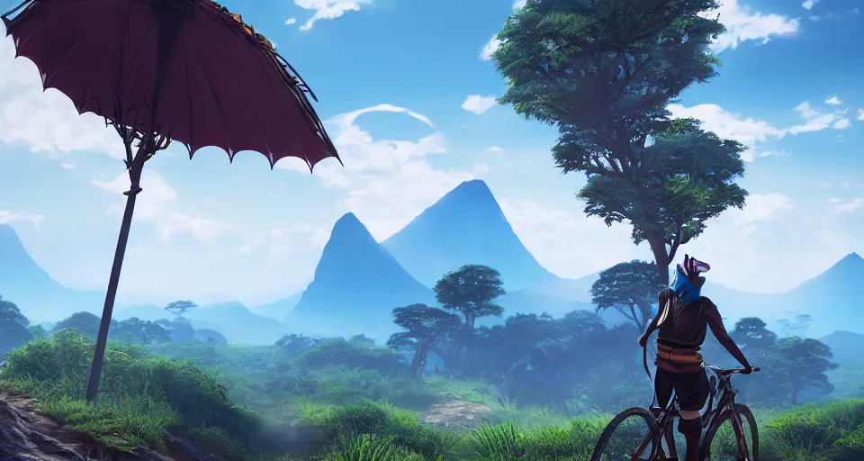 Image similar to An epic fantasy anime style landscape painting of an African mountain range, with a kenyan Mountainbiker and a blue umbrella, unreal 5, DAZ, hyperrealistic, octane render, dynamic lighting