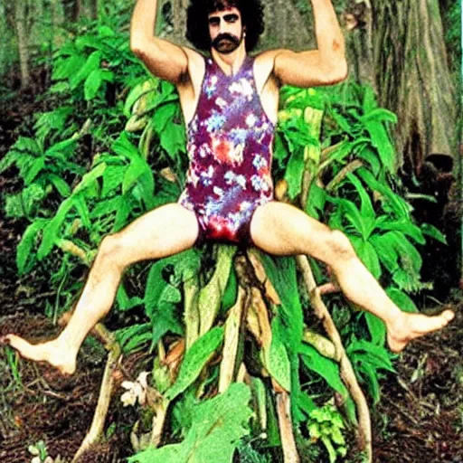 Image similar to young Frank Zappa as a forest druid wearing a floral leotard frolicking in the hooded forest of verdant turmeric roots, masculine, HSV