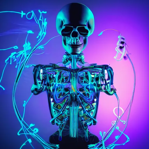 Prompt: cybernetic happy human scull with with , blue neon light and smoke and purple lighting