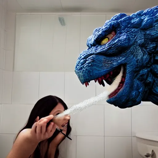 Image similar to godzilla brushing his teeth in the bathroom, electric toothbrush, crest toothpaste