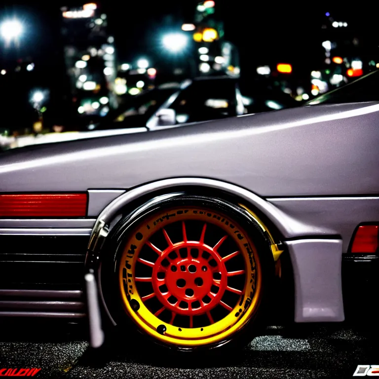 Image similar to close-up-photo JZX100 turbo illegal roadside night meet, work-wheels, Shibuya shibuya, cinematic color, photorealistic, deep dish wheels, highly detailed night photography