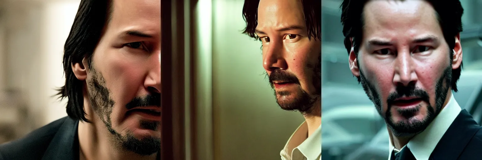 Prompt: close-up of Keanu Reeves as a detective in a movie directed by Christopher Nolan, movie still frame, promotional image, imax 70 mm footage