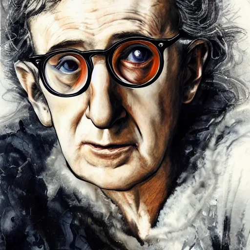 Prompt: portrait of woody allen, headshot, insanely nice hair style, dramatic hair color, digital painting, of a old 17th century, old cyborg merchant, amber jewels, baroque, ornate clothing, scifi, realistic, hyperdetailed, chiaroscuro, concept art, art by Franz Hals and Jon Foster and Ayami Kojima and Amano and Karol Bak,