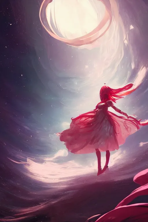 Prompt: highly detailed portrait of a young galactic princess dancing on Saturn's ring, wavy vibrant red hair, white lace dress, cinematic lighting, dramatic atmosphere, by Dustin Nguyen, Akihiko Yoshida, Greg Tocchini, Greg Rutkowski, Cliff Chiang, 4k resolution, nier:automata inspired, bravely default inspired, galactic background