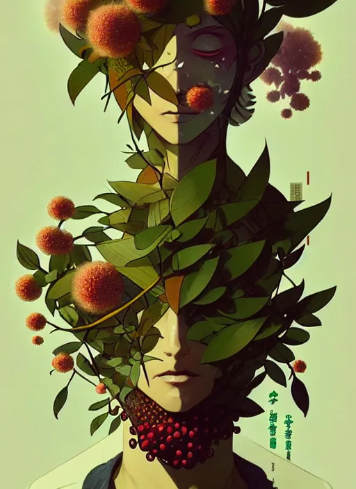 Prompt: illustrated by satoshi kon and greg rutkowski, a cyborg face in some plants with flowers and berries for a face, 6 0's retro sci - fi flat surreal design