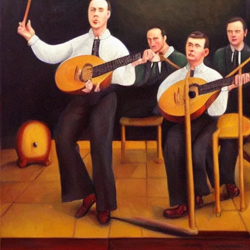 Image similar to detailed realistic oil painting of the clancy brothers performing music in a pub