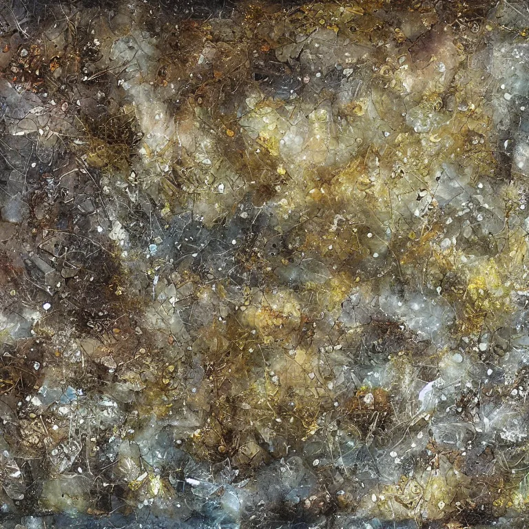 Image similar to the merge, clear crystals embedded, gold trim, faded worn, decay texture, the merge, intricate concept art painting, fantasy, the merge, merge, narrative nature grotesque dark, the merge,