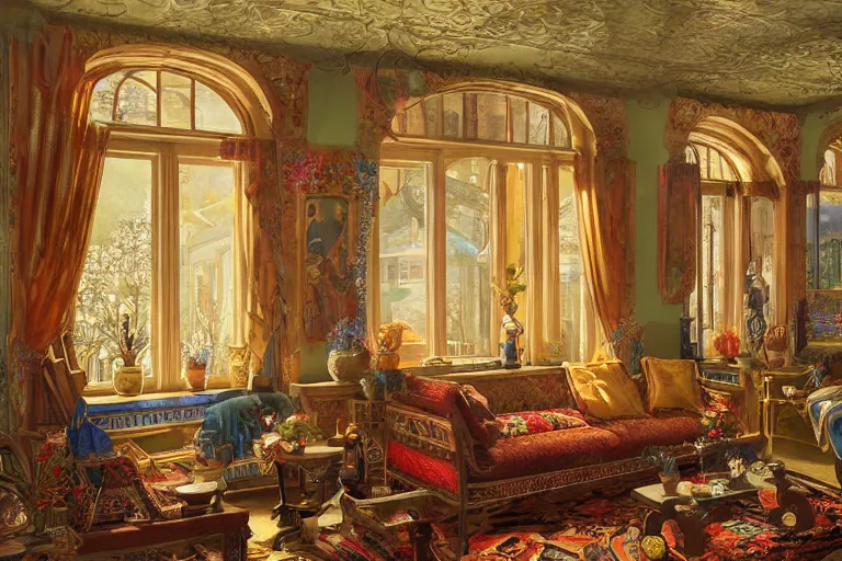 Image similar to a bright bohemian parlor with sunbeams streaming in from tall windows, by Ludwig Deutsch and Evelyn De Morgan and Donato Giancola, floral embroidery, carved wood, oriental carpets,rich color, dramatic cinematic lighting, featured on Artstation, cgsociety, unreal engine