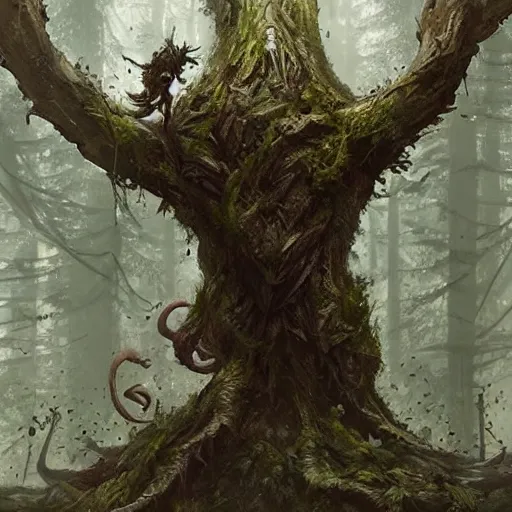 Prompt: a living ent with legs and a tail, in the shape of a rat, in a corrupted forest, by greg rutkowski, trending on art station, highly detailed, magic the gathering, matte painting
