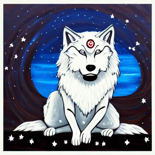 Prompt: okami white wolf with red tattoos resting under a sky full of stars by a deep river, calm, acrylic on canvas, okami, cel shaded, painting, trending on artstation