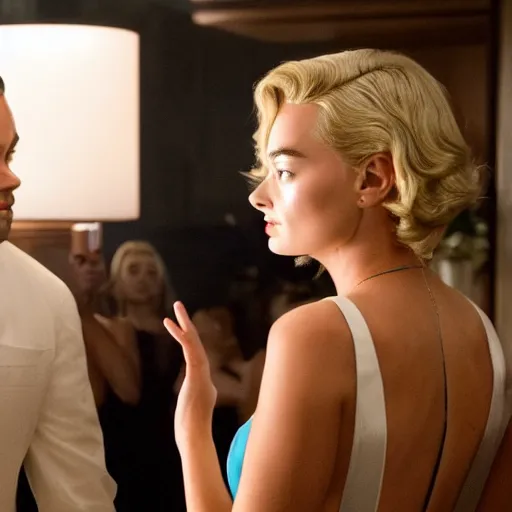 Image similar to leonardo dicaprio as the wolf of wall street next to margot robbie as naomi from the wolf of wall street, hyper realistic faces, cinematic, long shot, hyper detailed, 8 5 mm photograph, 8 k resolution, film still, sharp lens, wide lens