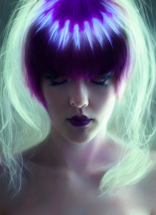 Image similar to hair whitebangs hair, black cyberlox, portrait of normal teenage girl with white bangs, messy bangs, cyberlox, whitebangs, red irises, purple clothes, intricate, elegant, glowing lights, highly detailed, digital painting, artstation, concept art, sharp focus, smooth, illustration, art by wlop, mars ravelo and greg rutkowski