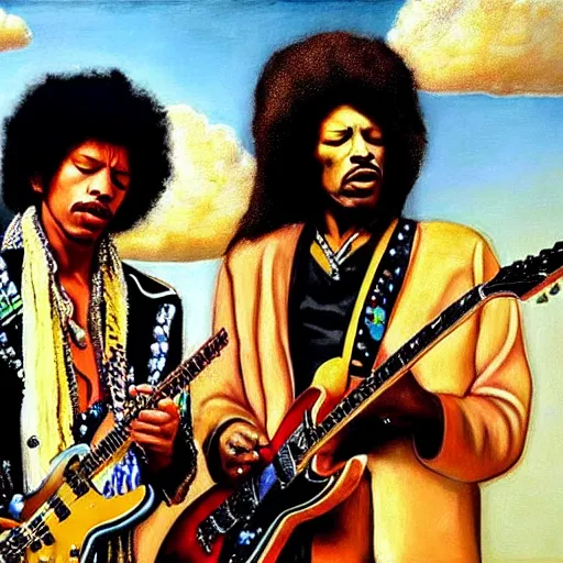 Prompt: photorealistic painting of jimi hendrix and b. b king, with very highly detailed face, jamming with electric guitars, sitting on fluffy clouds. realism, beautiful, dramatic by grant wood, johannes vermeer and leonardo da vinci