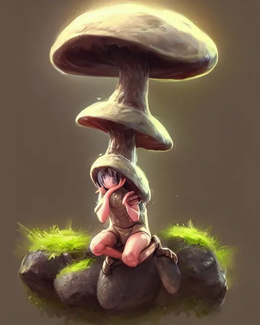 Image similar to concept art of a mushroom creature, wearing tight clothes made of rocks, sitting on a rock in a cave | | cute - fine - fine details by stanley artgerm lau, wlop, rossdraws, and sakimichan, trending on artstation, brush strokes