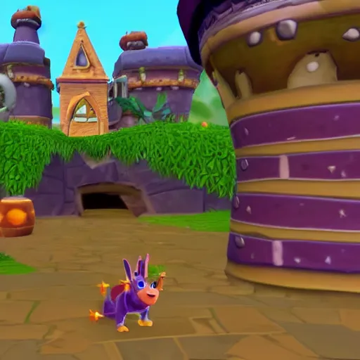 Prompt: screenshot of a cute anthropomorphic dog as an npc in spyro the dragon video game, with playstation 1 graphics, activision blizzard, upscaled to high resolution