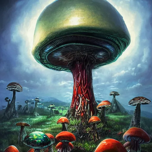 Image similar to 4 k headshot portrait of a psychedelic demonic anthropomorphic insect knight with mushroom themed clothes, magic mushroom village in background by jeff easley, award winning, stylized neon, post - processing, masterpiece, superb resolution. in the art style of junji ito and greg rutkowski. detailed mushroom city in background. hyper realistic anime. perfect art. dalle 2