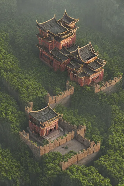 Image similar to giant ancient chinese castle in an forest with some ivy plants on the walls, by zhang zeduan, qiu ying, tang yin, cinematic, epic, dramatic lighting from above, dark, vines, fantasy, dust, unreal engine, octane, highly detailed, concept art, dark, super realistic