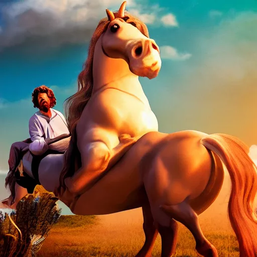 Image similar to big lebowski riding a unicorn, cinematic lighting, award winning photography