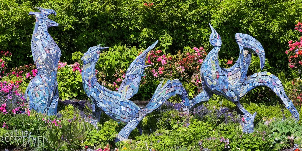 Image similar to folk art garden sculptures in an english cottage garden, cottagecore flower garden, concrete sculpture of a wyvern, colorful mosaic, sculpture by wouterina de raad!!!, art by james tellen, highly detailed, realistic anatomical proportions, textured hand built concrete sculpture, amazing concrete sculpture, 4 k