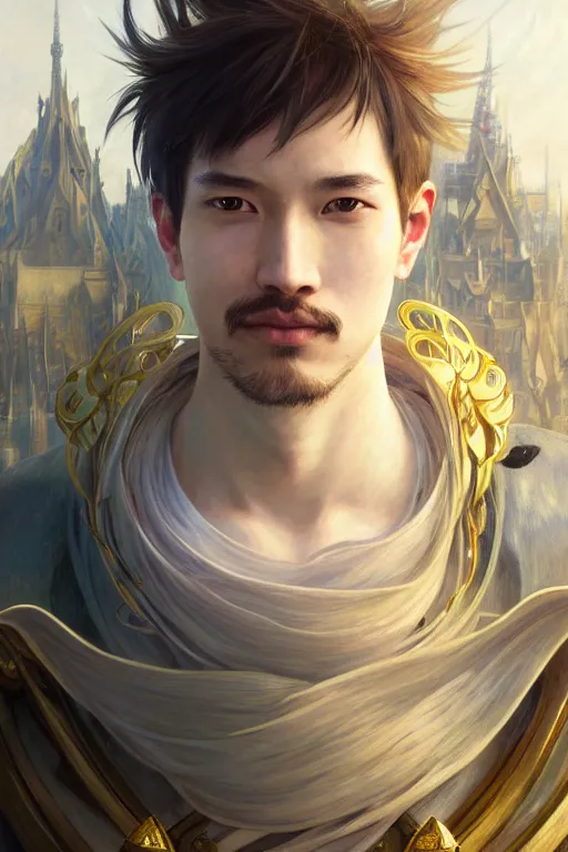 Image similar to portrait of a man with strange hairs, soft smile, final fantasy, league of legends champion, strong iridescent light, by chengwei pan and sakimichan and greg rutkowski and alphonse mucha, gradient white to gold, in front of a magical building background, highly detailed portrait, digital painting, smooth, focus illustration